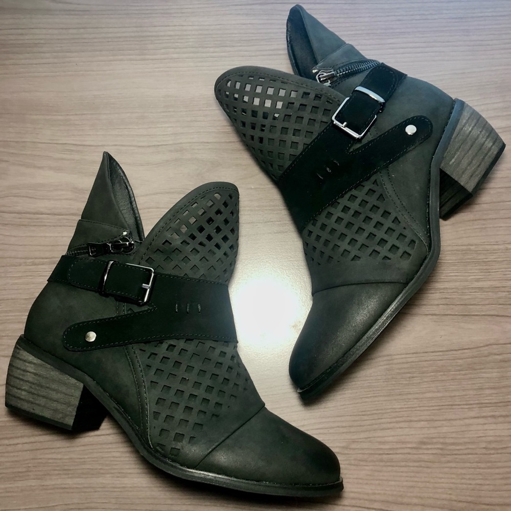 Size 7 Vegan Leather Black Booties Cut Out Waffle Detail